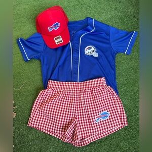 Buffalo Bills Set, Checkered shorts, Buffalo Bills jersey and Bills Trucker Hat